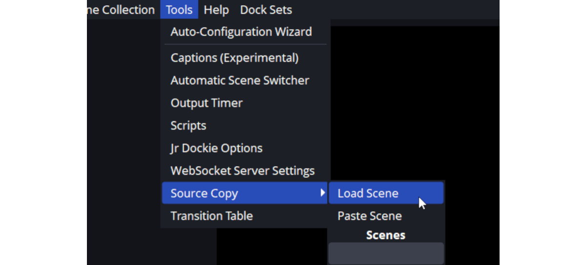 OBS options from Source Copy plugin. Tools > Source Copy > Load Scene. This is to import the OBS import file to generate the scenes required for the widget.
